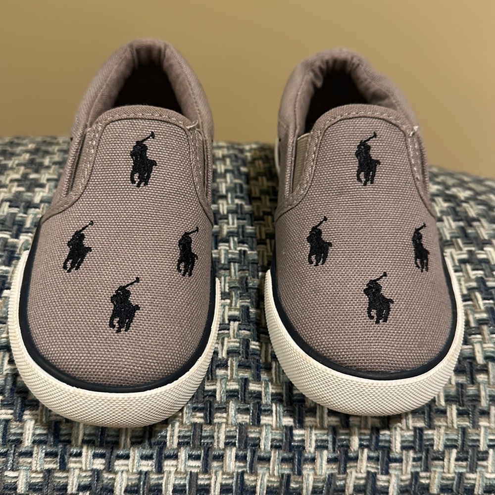 Polo by Ralph Lauren Kids Slip-on shoes, worn once; Gray with blue polo horses